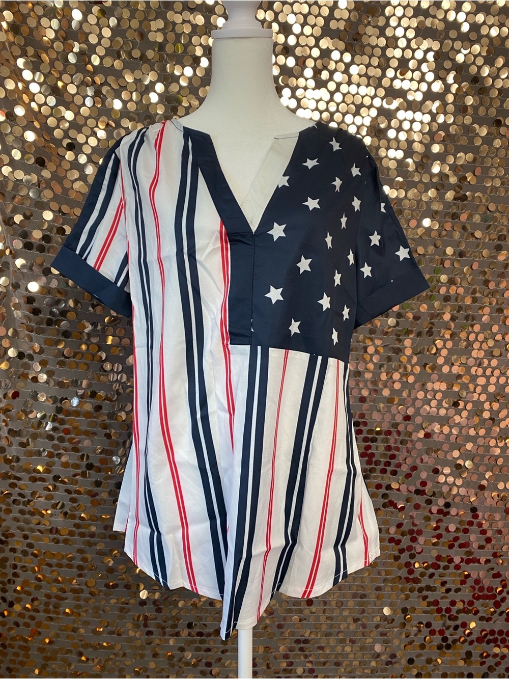 Navy blue and white short sleeve blouse with red accents #1522